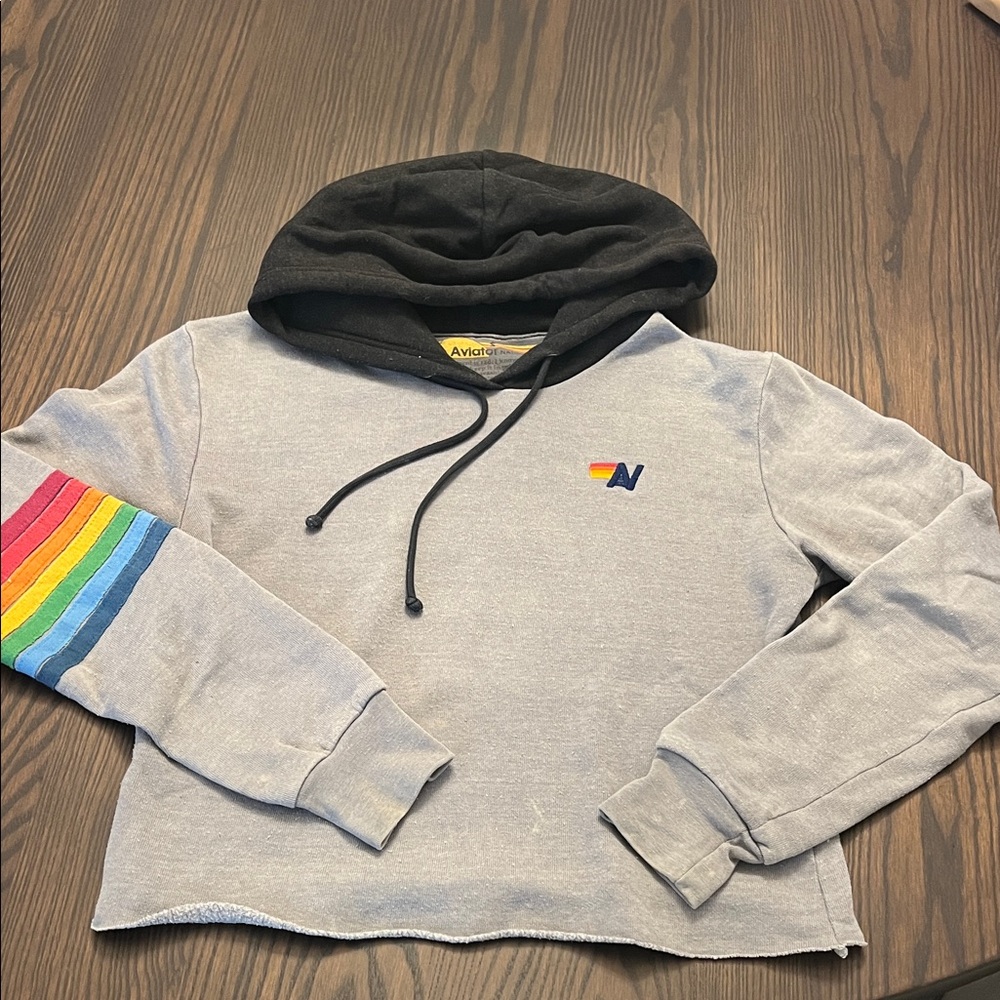 Gray Hoodie with Rainbow Sleeve aviator nation small